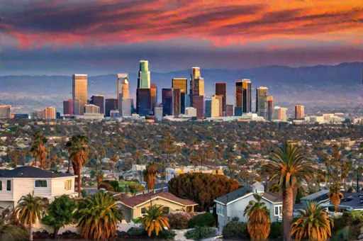 Prompt: Long shot scenic professional photograph of Los Angeles in the style of illustrator Heinz EdeMann.  Perfect viewpoint, highly detailed, wide-angle lens, hyper realistic, with dramatic sky, polarizing filter, natural lighting, vivid colors, everything in sharp focus, HDR, UHD, 64K