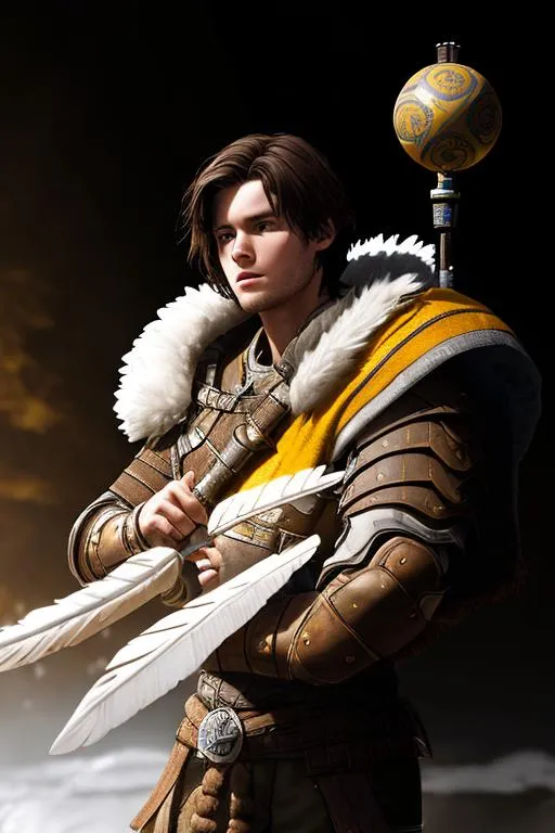 Prompt: Digital Art, 26-year-old viking man, short brown hair, white gear, yellow eagle armor, eagle feathers, holding a spherical artifact, unreal engine 8k octane, 3d lighting