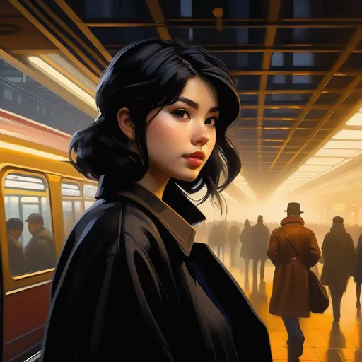 Prompt: Third person, gameplay, Japanese girl, pale skin, black hair, brown eyes, 2020s, smartphone, Gotham City subway station, foggy, golden atmosphere, cartoony style, extremely detailed painting by Greg Rutkowski and by Henry Justice Ford and by Steve Henderson 