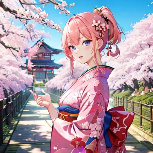 Prompt: Japan as a female human, 8k, UHD,  highly detailed, pink hair, blue eyes, wearing a kimono, under the cherry blossom trees, 