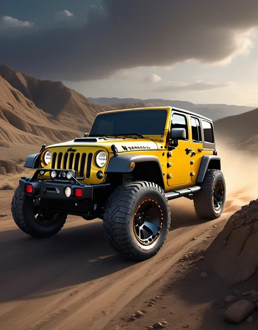 Prompt: Jeep Wrangler, (off-road race car), rugged design, sleek aerodynamic features, high-performance tires, adventurous atmosphere, (vibrant colors), dramatic lighting, detailed metal textures, adrenaline-fueled energy, against a (dynamic landscape) of rolling hills, dirt track, and challenges demonstrating durability, powered and electrifying future. 4K, ultra-detailed.