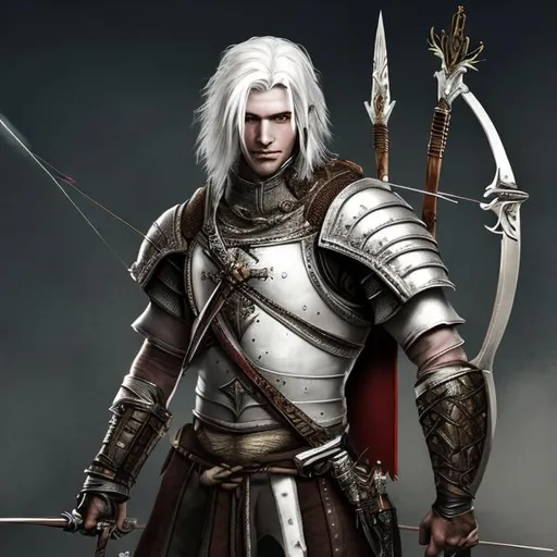 Prompt: male,young man,30-year-old,pale skin,mercenary,warrior,short hair,medieval,tough,handsome,white hair,albino,leather armor,full-body,holding crossbow,strong thighs