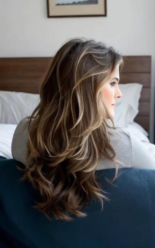 Prompt: No background, white background, behind view, Back of keri Russell head, 4K, 16K, picture quality, high quality, highly detailed, hyper-realism, ethereal beauty, mature beautiful , in bed resting on pillow, light grey hair, brown hair, 