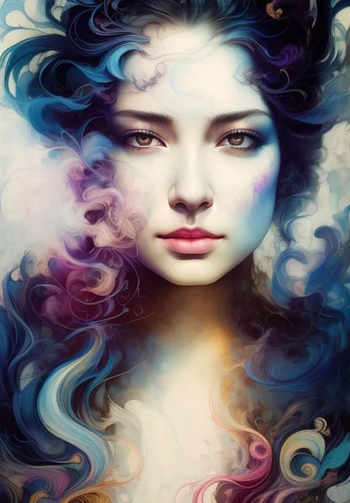 Prompt: very detailed oil painting, super empath portrait, Digital illustration, Arthur Rackham, Agnes Cecile, Aokamei, Todd McFarlane, 4k, calligraphy, hieroglyphs smooth lines, gradient fills, beautiful curves, flowing shadows, alternating light and shadow areas, shadows dancing in the rhythm of smoke