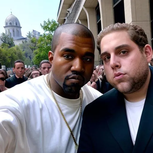 Prompt: Kanye west and jonah hill making a selfie with a Jewish Synagoge in the background.