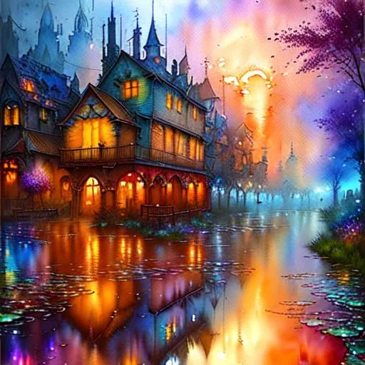 Prompt: Watercolor, wet on wet , steampunk, sunrise, petals rain, watercolor patchwork landscape village art by Daniel Merriam, Josephine Wall, Jeremy Lipkin,  Alayna Danner, holographic reflection, glossy, wet, shimmer, cinematic smooth, super clear resolution,  intricate, highly detailed, crispy quality, dynamic lighting, hyperdetailed and realistic, fantastic view