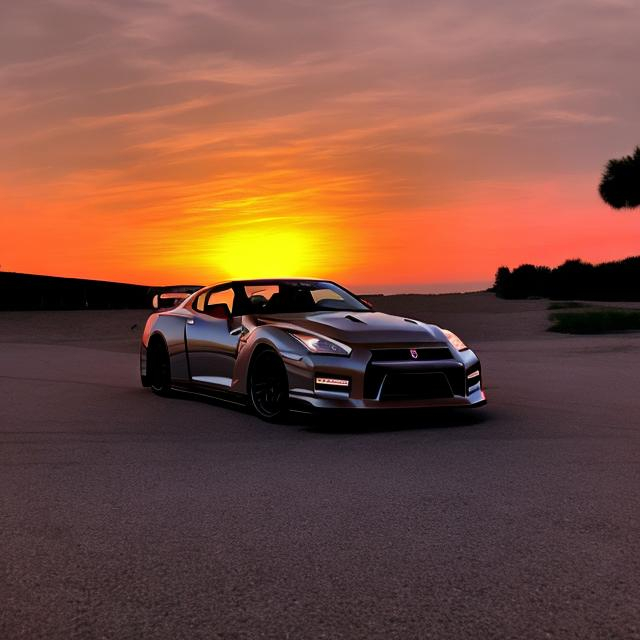 a sunset with a nissan gtr