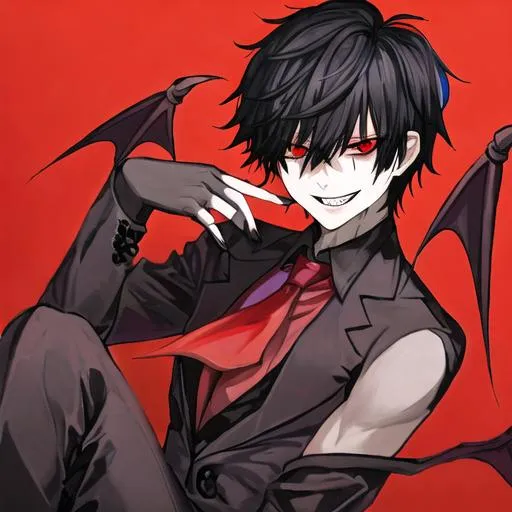 Prompt: Damien as a demon (male, short black hair, red eyes) grinning seductively