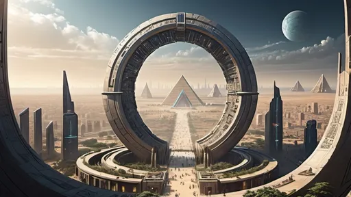 Prompt: human-height circular portal, gateway between cities realms worlds kingdoms, ring standing on edge, freestanding ring, hieroglyphs on ring, complete ring, obelisks, pyramids, futuristic towers, large wide-open city plaza, wide vista view, futuristic cyberpunk dystopian setting