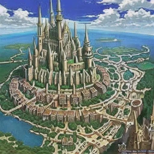 Prompt: A medieval fantasy anime city from the bottom of a road filled with people