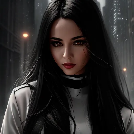 Prompt: Ambient night scenery. City, cybernoir, Sci-fi, dress, dystopian, Mist, smoke. Analog style portrait+ style, Hyperealistic 8k shot, high-resolution, looking into the camera, Up-close focus, Highly detailed face, UHD, HD, 8k. Portrait of woman with long black hair, gray eyes, full lips, bushy eyebrows, straight nose,  soft features, fair skin, black dress and holds a skull in her hands.  Practical clothes, deep blue, silver and metallic details, stealth