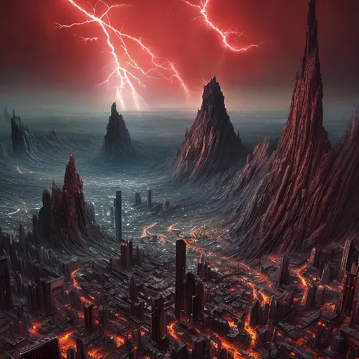 Prompt: reate a Fantasy, Epic, Stunning, Spectacular, cinematic, 3D, Hi Def, intricately detailed image of a dystopian landscape on a distant planet and an eloquently, glamorous, ultra-realistic, view of the red sky with lightning strikes between two skyscrapers. Professional Photo Realistic Image, RAW, artstation, splash style dark fractal paint, contour, hyper detailed, intricately detailed, unreal engine, fantastical, intricate detail, steam screen, complementary colors, fantasy concept art, 8k resolution, deviantart masterpiece, splash arts, ultra details Ultra realistic, hi res, UHD, 64k, 3D rendering.
