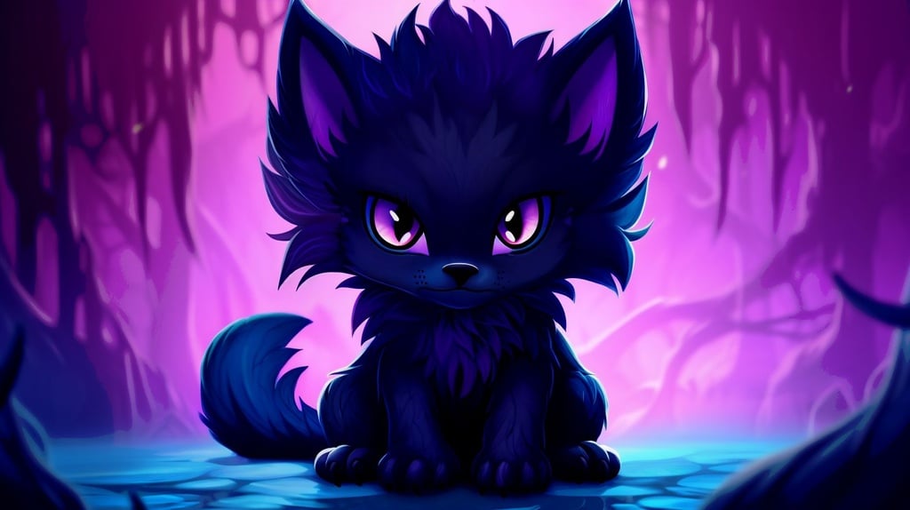 Prompt: fustrated pouty chibi full purple jackal, bright blue eyes, plush purple fur and white tummy, yokai, troublesome, extra long whiskers, multiple tails, purple electric aura, anime --no white --upbeta --ar 16:9 