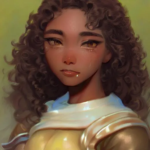 Prompt: Portrait of a young girl, 11, brown skin, black curly flowing hair, hazel brown eyes, wearing a pale yellow dress infinitely extending, perfect features, oil painting effect Krenz Cushart + loish +gaston bussiere +craig mullins, j. c. leyendecker +Artgerm, oil painting texture.