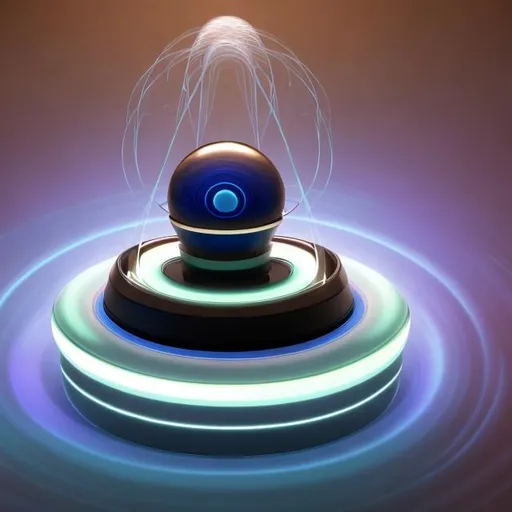 Prompt: Graviton Harmonizer: Prompt: "Imagine a sleek, cylindrical device with a central core surrounded by concentric rings. A subtle blue glow emanates from the core, and each ring pulsates with rhythmic waves. As it operates, it subtly warps the space around it, creating a gentle gravitational hum."