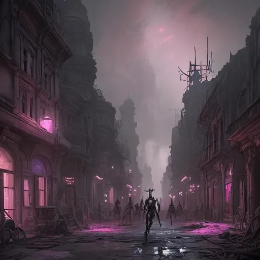 Prompt: extreme long shot concept art depicted old ruined subterrean drow town, dramatic mood, overcast mood, dark fantasy environment, arcane pink glow , dieselpunk, bodyhorror building, mutation flesh, corruption,  art inspired by warhammer and arcane, art by Cédric Peyravernay and HR Giger