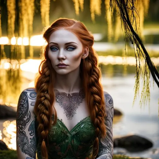 Prompt: highly detailed beautiful 30 year old woman sitting under a willow tree beside a river, eye makeup, long lucious red hair, in a single braid, and green eyes, thick eyebrows, natural makeup, soft lighting, heavily tattooed, 24mm, Creative Bokeh, Medium Wide Shot, 3d ray tracing, daytime background, golden hour, direct backlighting, rim lighting, outdoor lighting, subsurface scattering unreal engine 5, octane render, trending on artstation, deviantart, brown tones, 8k, cute freckles, seductive, fashionable,