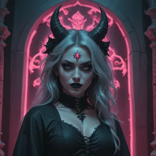 Prompt: beautiful female demon, hell, demonic, gothic, vaporwave, retro, neon, aesthetic, liminal, high quality, high definition, beautiful, dramatic lighting