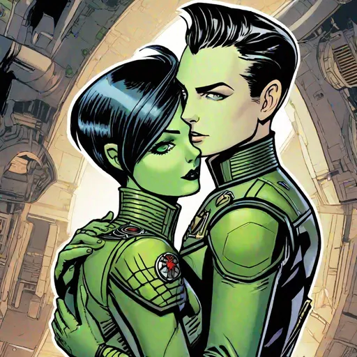 Prompt: A green skinned scifi green female with green skin, she has short black bob hair, well drawn green face, uniform, her skin is green, she has green skin. entangled in a kiss with a Handsome caucasian male scifi pilot with very short slicked back (brown) pompadour undercut hair, fully dark entirely jet black leather jacket. green eyes, his skin is normal pale. detailed. star wars art. 2d art. 2d