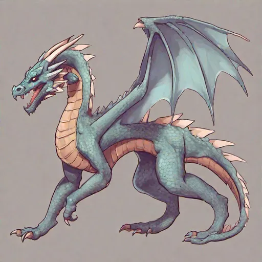 Prompt: Concept designs of a dragon. Full dragon body. Dragon has four legs and a set of wings.  Side view. Soft coloring present in the dragon. 