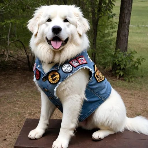 Prompt: Great Pyrenees wearing a heavy metal music denim vest with patches