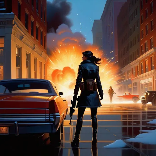 Prompt: Third person shooter, female protagonist, explosions, New York, cartoony, cold night atmosphere, extremely detailed painting by Greg Rutkowski and by Henry Justice Ford and by Steve Henderson