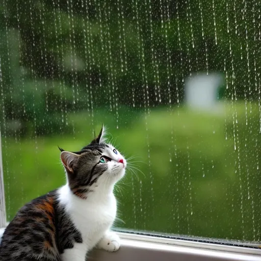 Prompt: cats looking out the window at the rain
