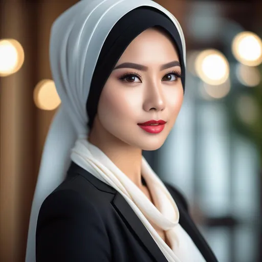 Prompt: pretty busty Indonesian woman, 25 year old, (round face, high cheekbones, almond-shaped brown eyes, epicanthic fold, small delicate nose), in a suit, (hijab), posing for a picture, action pose, computer graphics by Du Jin, dribble, superflat, elegant, hd, stylish