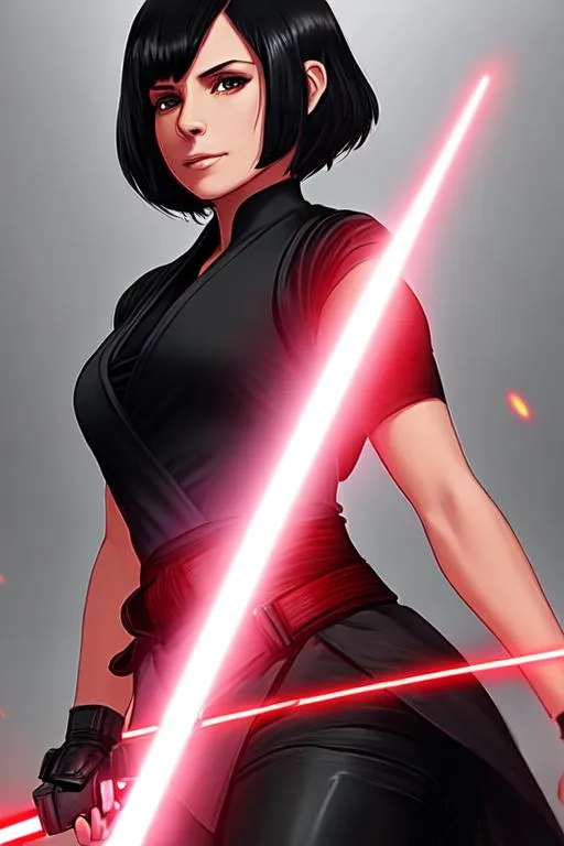 Prompt: A young woman Sith lord, with black short-length hair, a subtle smile, a black short sleeve shirt, a black vest past the waist, a black belt, black pants, black boots, two lightsabers one red and one light pink