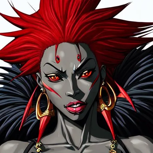 Prompt: An ancient, gorgeous, African American woman vampire with red hair, in the style of bleach by Tite Kubo, aesthetically pleasing, dynamic, vibrant, energetic, lively, well-designed digital art, all geometrically correct, proportionate face, high detail, concept art, character art, detailed eyes, detailed lips, detailed nose, 