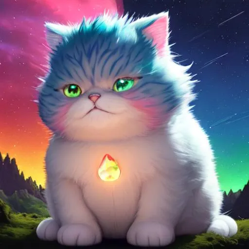 Prompt: landscape, 3 / 4 view, wide view, 7 "colorful, proud, very fat, " baby cat", with a halo", wearing a full crystal helmet glowing, realistic, spiked hair, fluffy, silky, furry, backlit, warm tones, night-sky, moss, indigo, cream, coral, bone-white, photorealistic eyes, ornate, dynamic, particulate, intricate, elegant, highly detailed,  airbrush, acrylic on paper, volumetric lighting, occlusion, smooth, sharp focus, 128K UHD octane render, w more detail, ultra realistic, insane detail, cinematic