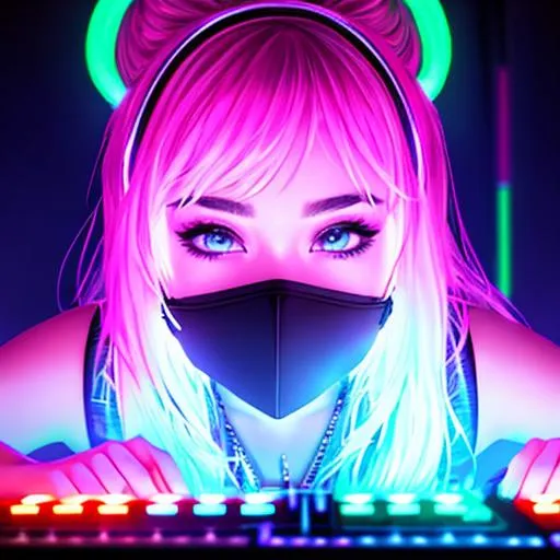 Prompt: Future DJ, Female , Neon lights, club, jaws face mask