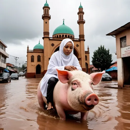 Prompt: Jesus riding on a Pig wearing hijab in front of Mosque in antananarivo street flooded by rain