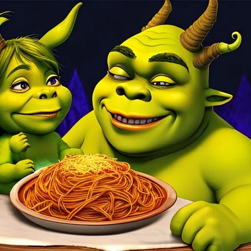 Prompt: Shrek goes to hell shrekshuka fun time Satan eats spaghetti and meets donkey with Shrek hell yes