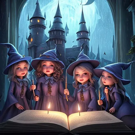 Prompt: a 3d digital art of cute 3witches in a magic school, dark background,  beautiful rainy day, storytelling photography, vibe, perfect camera shot, ultra-detailed, night, night sky, stars, calm, alone, art, realistic, hyper-realistic, highly detailed, realism, 32k, photography, hdr, 1080p, cinematic, Hyperrealistic, fictional environment, mid shot, intricately detailed, colour depth, dramatic, side light, colourful background, beautifully shot, perfect composition, atmospheric, moody, happy, emotion, natural white spotlight shining on subject. Realistic shadows, 2/3 face angle