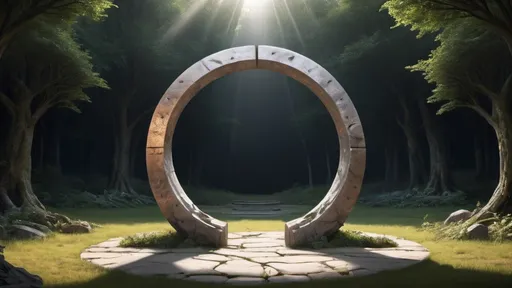 Prompt: circular portal, gateway between realms, ring, ring standing on edge, freestanding ring, complete ring, panoramic view