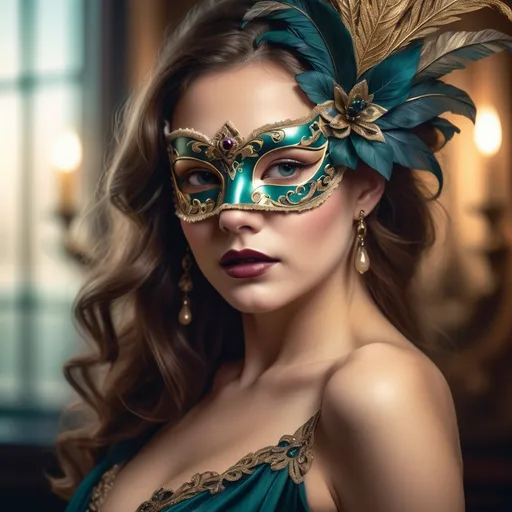 Prompt: elegant woman wearing a venetian mask, intricate mask details, silk gown with sumptuous textures, poised and graceful pose, soft ambient lighting, rich jewel tones, romantic and mysterious atmosphere, high detail, ultra-detailed, 4K quality