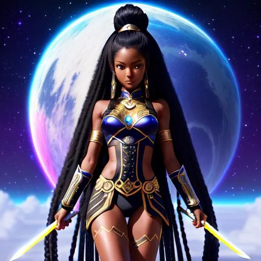 Prompt: Intergalactic space warrior, intricate, intricate long hair, long sword, perfect body, ebonian, very black skin, cute, hyperrealism, beautiful photography, highly detailed, anime digital art by sakimichan and kidmo, hd, 4k,8k