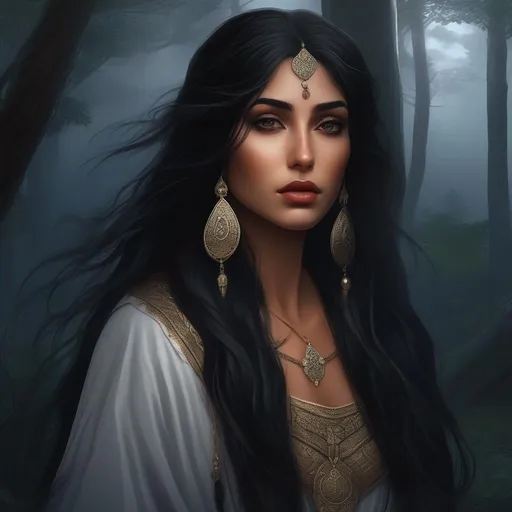 Prompt: highest quality anime art masterpiece, digital drawing, armenian woman with long black hair:vistani, sad in a forest on a dark foggy night, tanned skin:2, waxing moon, huge hooked aquiline algerian nose, ethereal, jewelry set, highres, realistic, highly detailed, fantasy, gypsy, roma, D&D, Ravenloft, by Ilya Kuvshinov
