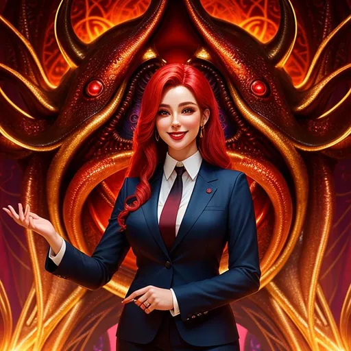 Prompt: Anthropomorphized "Blood Magic Cult", she is wearing a business suit inspired by Cthulhu, excited smile, perfect anatomy, eye contact, excited, camera panned out to show her whole body, posing, elegant, real, alive, real skin textures, detailed symmetrical face, professional lighting,