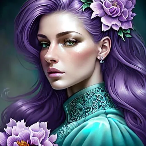 Prompt: dynamic composition of a pale skinned woman with hair of flowers and peacock plummage  of aqua and purple, ornate details,facial closeup