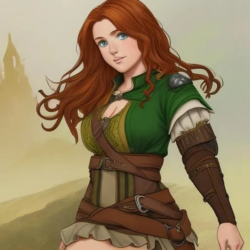 Prompt: A female medieval adventurer with auburn wavy hair, tan skin, freckles and green eyes, wearing a tunic, leggings and boots in a fantasy setting.
