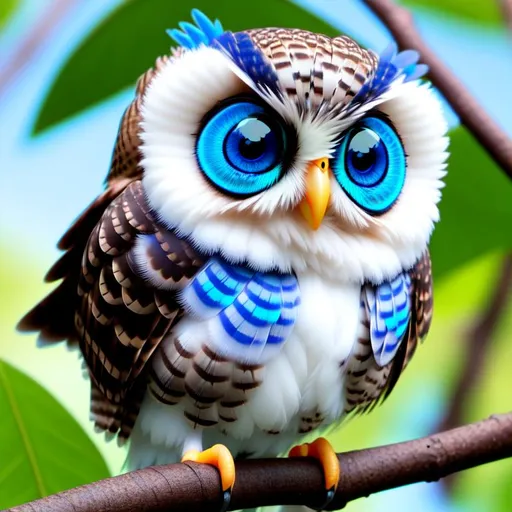 Prompt: Pixar character of cute adorable, lovely, fluffy, glowing, & gleaming kawii mini baby owl with big beautiful blue  eyes