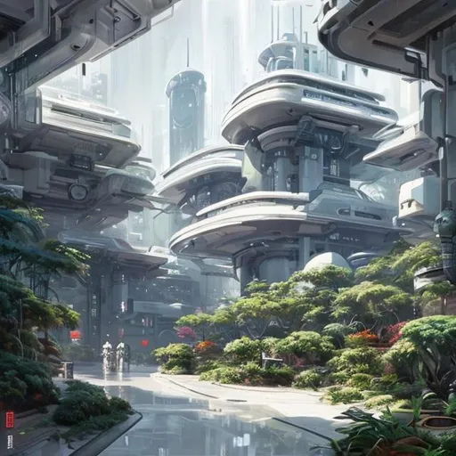 Prompt: White futuristic suburb in Chinese futuristic style with lot of plants hiper-realistic oil paint         