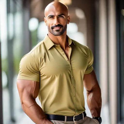 Prompt: Full body shot of A handsome, pretty, tan, and very muscular,  bald Muslim man with a small mustache, thin and narrow jawline, large muscles, wearing a short-sleeved button-up shirt, bright lighting, defined musculature. 