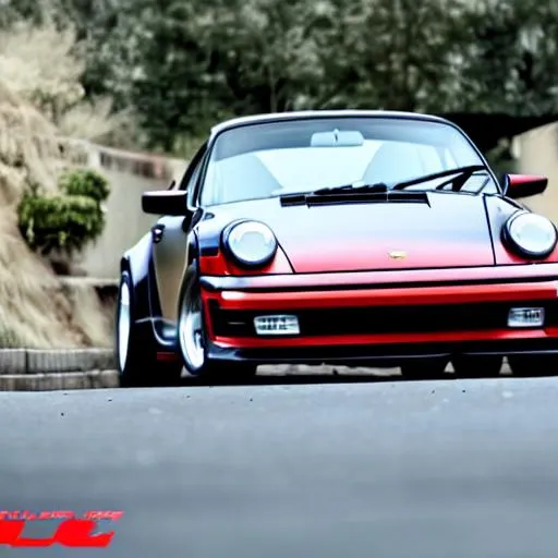 Prompt: anime styled 1989 porsche 911 turbo drifting around a corner like the show "Initial D"
