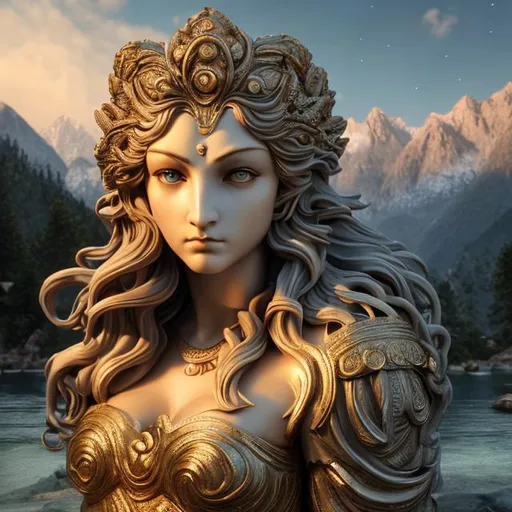 Prompt: (Masterpiece:1.1) (Highly detailed:1.1) (utra realistic), 4K UHD, wide shot, (top quality) (depth of field) (cinematic shot), ancient goddess of olympus, mountains, riverside, instagram able, holy light background, 3D illustration, reflactions, long hair, blonde hair, dark blue eyes, fullbody view, centered.