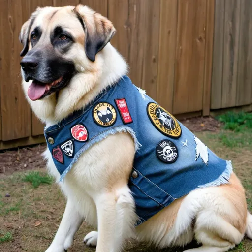 Prompt: Anatolian Shepherd wearing a heavy metal music denim vest with patches
