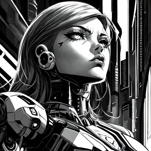 Prompt: in comic book style, a female cyborg looking upwards optimistically, futuristic background, noir, elaborate detail, manga,