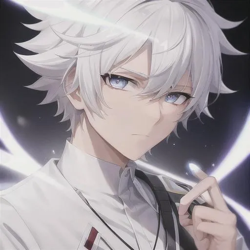 Prompt: Short scruffy white hair emotionless expression male white clothing white eyes white pupils lab coat puppet strings 19 years old superpower effects his fingertips controlling a school technology ultra high quality white aura 4k 16k movie cinematic graphic face close-up